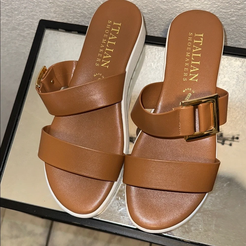 Italian Shoemakers Tan Slide Sandals with Gold Buckle - Picture 3 of 5
